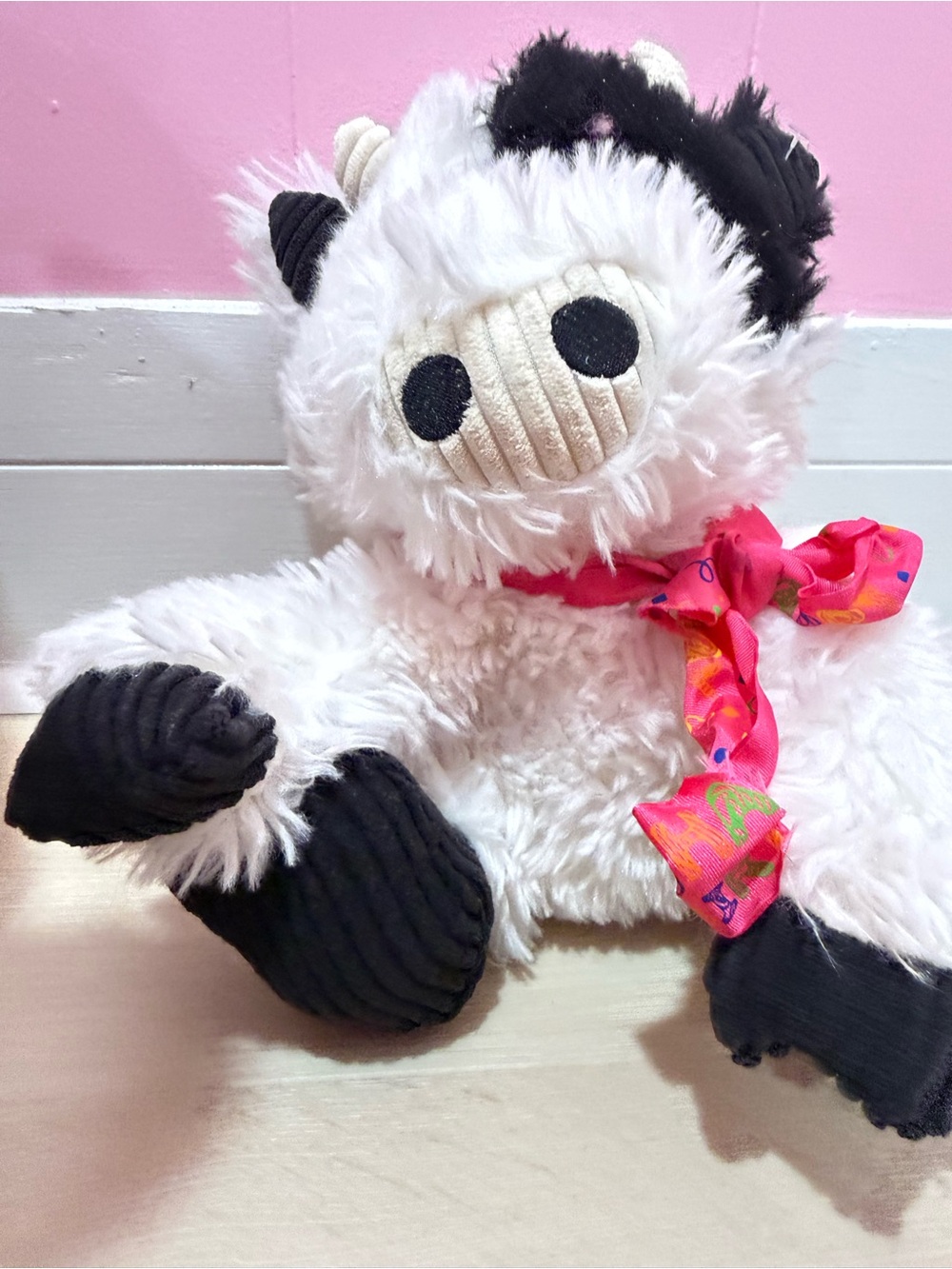 Plush White and Black Cow Plush Toy with Pink Scarf - Kids Toy